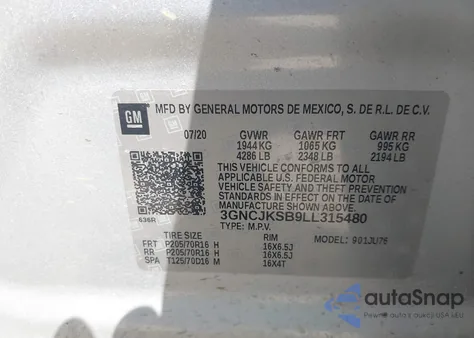 2020 Chevrolet Trax Fwd Ls from USA, damaged, VIN 3GNCJKSB9LL315480